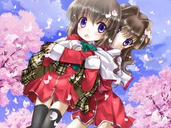  brown_hair cherry_blossoms dutch_angle hug kanon long_hair misaka_kaori misaka_shiori school_uniform short_hair siblings sisters thigh-highs thighhighs yugi_(magical-dreamer) 