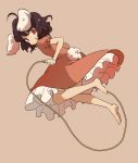  barefoot black_hair bunny_ears bunny_tail dress feet highres inaba_tewi jump_rope jumping looking_back moke_(gaton) o3o rabbit_ears red_eyes short_hair striped striped_background tail touhou 