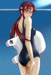  ass blue_eyes brown_hair chainlink_fence dokkn evangelion:_2.0_you_can_(not)_advance fence glasses highres kickboard looking_back makinami_mari_illustrious neon_genesis_evangelion nerv one-piece_swimsuit rebuild_of_evangelion school_swimsuit swimsuit twintails 