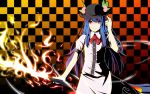  checkered checkered_background fire food fruit gayprince hat highres hinanawi_tenshi peach solo sword sword_of_hisou touhou weapon 