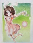  animal_ears barefoot brown_hair bunny_ears colored_pencil_(medium) dress highres inaba_tewi jewelry looking_at_viewer marker_(medium) millipen_(medium) moco._(artist) necklace outstretched_arm outstretched_hand rabbit_ears red_eyes short_hair short_sleeves solo standing_on_one_leg touhou traditional_media wide-eyed 