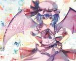  :t bat_wings blue_hair blush frown hands_on_hips hat kiyu pout red_eyes remilia_scarlet short_hair solo touhou wings 