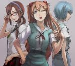  ayanami_rei blue_eyes blue_hair face glasses long_hair makinami_mari_illustrious multiple_girls neon_genesis_evangelion orange_hair plaid rebuild_of_evangelion red_eyes school_uniform shikinami_asuka_langley short_hair skirt smile souryuu_asuka_langley tartan tea_(artist) twintails wince 