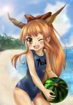  beach bow brown_eyes brown_hair competition_swimsuit dtcy food forest fruit hair_bow holding holding_fruit horns ibuki_suika long_hair nature ocean one-piece_swimsuit open_mouth orange_hair palm_tree pointy_ears ponytail smile solo sun swimsuit touhou tree watermelon wide_hips wink 