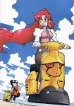  alternate_costume alternate_hairstyle company_connection crossover flcl gainax glasses goggles haruhara_haruko highres motor_vehicle multiple_girls necktie official_art pink_hair red_hair redhead scan scarf scooter sky tengen_toppa_gurren_lagann vehicle yellow_eyes yoko_littner yomako 