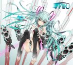 1girl aqua_hair barefoot blue_panties elbow_gloves feet fingerless_gloves gloves glycyrrhizae hatsune_miku hatsune_miku_(append) legs long_hair miku_append navel necktie no_shoes panties smile solo striped striped_panties toeless_socks toes twintails underwear very_long_hair vocaloid vocaloid_append white_panties