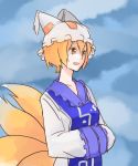  bad_id blonde_hair fox_tail hands_in_sleeves hat multiple_tails short_hair tail touhou yakumo_ran yellow_eyes 