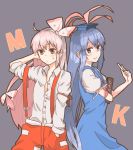  bad_id blue_eyes blue_hair book bow chalk fujiwara_no_mokou hair_bow hand_in_pocket hat kamishirasawa_keine long_hair pants pink_hair red_eyes suspenders touhou translation_request 