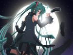  ahoge detached_sleeves feathers from_behind full_moon green_eyes green_hair hatsune_miku long_hair looking_back moon necktie night skirt solo thigh-highs thighhighs twintails very_long_hair vocaloid yuzuki_kei 