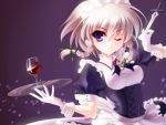  braid glass gloves hair_ribbon izayoi_sakuya knife maid maid_headdress purple_eyes ribbon s-yin short_hair silver_hair solo touhou tray twin_braids violet_eyes wallpaper weapon white_gloves wine wink wrist_cuffs 