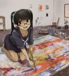  barefoot blush brown_eyes brown_hair glasses nimirom original paint paintbrush painting smile solo twintails 