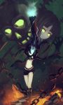  bikini_top black_hair black_rock_shooter black_rock_shooter_(character) blue_eyes boots coat crossed_legs_(standing) dead_master glowing glowing_eyes green_eyes highres horns long_hair midriff shorts skull tragic_comedy twintails weapon 