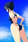  akiyama_mio artist_request ass back black_hair blue_eyes breasts character_request cloud clouds competition_swimsuit from_below hair_bun highres k-on! morisawa_haruyuki one-piece_swimsuit sky solo soukyuu_no_karma swimsuit 