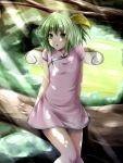 arm_support bad_id blush china_dress chinese_clothes daiyousei dress floral_print green_eyes green_hair hair_ribbon highres in_tree legs mochi.f open_mouth pink_dress ribbon shade short_dress short_hair side_ponytail sitting sitting_in_tree sunbeam sunlight touhou tree wings 