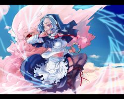  blue_hair cloud clouds garter_belt garter_straps hood kumoi_ichirin navel short_hair thigh-highs thighhighs touhou unzan zeni 