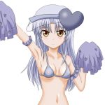  amulet_heart amulet_heart_(cosplay) angel_beats! bikini_top brown_eyes cosplay grey_hair long_hair magical_girl pom_poms shugo_chara! simple_background solo takumi_(rozen_garten) tachibana_kanade visor visor_cap 