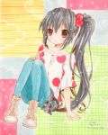  black_hair brown_eyes emo_(artist) emo_(mikan) food fruit k-on! leggings listen!! long_hair nakano_azusa polka_dot side_ponytail solo strawberry traditional_media 