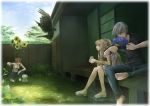  2girls air backyard bare_shoulders barefoot bird blonde_hair brown_hair crow dog fan flower grey_hair haku_(sinsifuku2) hot kamio_haruko kamio_misuzu kunisaki_yukito multiple_girls open_mouth paper_fan ponytail porch sandals shouji sky sliding_doors sora_(air) squatting strap_slip sunflower sweat uchiwa veranda 