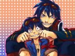  adult blue_eyes blue_hair collar drill dual_persona forced_smile goggles grin lolalol nervous simon smile sweat tengen_toppa_gurren_lagann time_paradox young 