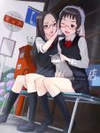  :d animal bench black_eyes black_hair blush bus_stop cat glasses kneehighs loafers long_hair multiple_girls open_mouth original postbox school_uniform shimano_natsume shoes short_hair sign sitting skirt smile socks sweater sweater_vest towel wet wet_clothes wink wiping 