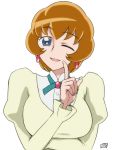  1girl blue_eyes breasts brown_hair close-up earrings heartcatch_precure! itou_yuuji jewelry large_breasts mother orange_hair pointing precure short_hair smile solo wink 