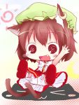  bloomers brown_hair cat_ears cat_tail chen chibi fang grin moon multiple_tails shichinose short_hair sitting smile solo sun tail touhou waving 