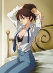  bed bra breasts brown_eyes brown_hair casual cleavage glasses gundam gundam_00 hair_bun hair_ornament hairclip hairdressing kati_mannequin kazemal lace lace_bra lingerie lipstick mole mouth_hold necktie open_clothes open_shirt pants purple_eyes shirt sitting solo underwear 