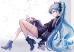  1girl absurdres aqua_eyes aqua_hair black_footwear blue_nails body_markings hair_ornament hair_ribbon hatsune_miku highres legs long_hair long_sleeves pipi ribbon tattoo twintails very_long_hair vocaloid 