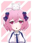  1girl ahoge animal_on_head blue_bow border bow cat cat_on_head collared_shirt dot_nose eyelashes hair_bow indie_utaite kaoru_(xukf3388) long_sleeves looking_at_viewer nqrse on_head open_mouth pink_eyes pink_hair shirt short_hair solo upper_body white_border white_cat white_shirt 