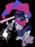  1other armor black_background black_hair blue_pants blue_skin boots breastplate closed_eyes colored_skin deltarune finger_gun frown full_body gloves grey_armor grey_footwear grey_shirt hair_over_one_eye highres holding holding_sword holding_weapon kris_(deltarune) loose_hair_strand outstretched_leg over_shoulder pants pointing red_eyes red_scarf scarf shaded_face shirt short_hair solo sparkle striped striped_scarf sword takenaka_(takenaka1111) vertical-striped_scarf vertical_stripes weapon weapon_over_shoulder white_gloves 