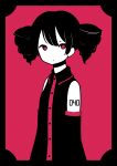 1girl absurdres alternate_hair_color black_border black_hair black_shirt black_sleeves border buttons collared_shirt commentary_request detached_sleeves dot_mouth drill_hair expressionless highres honomanbo kasane_teto limited_palette looking_at_viewer no_pupils number_tattoo red_background red_eyes shirt short_hair shoulder_tattoo simple_background sleeveless sleeveless_shirt solo tattoo twin_drills two-tone_shirt utau 