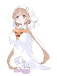  1girl absurdres alternate_costume blush_stickers brown_hair chipochopo324 commentary_request flower_(symbol) food full_body ghost_costume happy highres holding holding_food holding_pumpkin holding_vegetable hood hood_up jack-o&#039;-lantern long_hair looking_up loose_socks low_twintails mary_janes open_mouth pumpkin purple_footwear raised_eyebrows shoes simple_background sleeves_past_fingers sleeves_past_wrists smile socks solo trick-or-treating tsukuyomi_ai twintails vegetable very_long_hair violet_eyes voiceroid white_background white_socks 