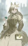  1girl 3pel1 animal_ear_fluff animal_ears arknights bag black_nails blurry blurry_background coat coffee_cup commentary_request cowboy_shot cup disposable_cup grey_coat grey_eyes grey_hair hair_between_eyes hand_in_pocket highres holding holding_cup long_coat long_hair long_sleeves neckerchief parted_lips penance_(arknights) shoulder_bag solo tail very_long_hair wolf_ears wolf_girl wolf_tail 