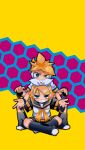  1boy 1girl arms_up behind_another black_leg_warmers black_shorts blonde_hair blue_eyes blush bow brother_and_sister clenched_teeth commentary_request grin hair_bow hair_ornament hairclip half-closed_eyes headphones honeycomb_(pattern) honeycomb_background ikki_(inferiorin) indian_style kagamine_len kagamine_rin looking_at_viewer midriff multicolored_background navel open_hands purple_background scowl shirt shoes short_hair short_sleeves shorts siblings sitting sleeveless sleeveless_shirt smile spiky_hair straight-on sumo swept_bangs teeth uneven_eyes v-shaped_eyebrows vocaloid white_bow white_footwear white_shirt yellow_background yellow_nails 