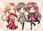  3girls aerith_gainsborough alternate_costume ankle_boots black_hair black_kimono black_thighhighs boots braid braided_ponytail brown_eyes brown_hair chibi closed_mouth commentary_request cross-laced_footwear final_fantasy final_fantasy_vii final_fantasy_vii_remake flower full_body green_eyes green_kimono grin hair_flower hair_ornament hair_ribbon japanese_clothes kimono lace-up_boots light_blush long_hair looking_at_viewer mirrorclew multiple_girls obi official_alternate_costume open_mouth parted_bangs pink_ribbon red_eyes red_flower red_kimono ribbon sandals sash short_hair short_kimono sidelocks smile swept_bangs thigh-highs tifa_lockhart tifa_lockhart&#039;s_exotic_dress v wide_sleeves yuffie_kisaragi 
