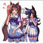  3girls ? animal_ears appleq black_hair blue_flower blue_headwear blue_rose blush_stickers bow brown_hair closed_eyes closed_mouth commentary_request cropped_legs daiwa_scarlet_(umamusume) ear_bow fang flower hair_over_one_eye hairband haru_urara_(umamusume) hat hat_flower highres horse_ears horse_girl horse_tail long_hair multiple_girls one_eye_closed open_mouth pink_hair pleated_skirt ponytail puffy_short_sleeves puffy_sleeves purple_bow purple_shirt red_hairband rice_shower_(umamusume) rose school_uniform shirt short_sleeves simple_background skirt skirt_grab tail thigh-highs tilted_headwear tracen_school_uniform translation_request twintails umamusume very_long_hair violet_eyes white_background white_bow white_skirt white_thighhighs 