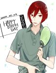  1boy buttons character_name collared_shirt commentary confetti dated flower green_shirt hagiwara_daisuke hair_between_eyes hand_fan happy_birthday holding holding_fan hori-san_to_miyamura-kun looking_at_viewer lower_teeth_only male_focus open_mouth red_eyes redhead sengoku_kakeru shirt short_hair short_sleeves solo sweat teeth upper_body white_background 
