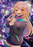  1girl :d antenna_hair black_hoodie black_thighhighs blonde_hair blue_nails blurry blurry_background blush bow breasts chloe_aoki commentary_request commission depth_of_field hair_bow holding_own_wrist hood hood_down hoodie indie_virtual_youtuber kou_hiyoyo long_hair long_sleeves looking_at_viewer medium_breasts nail_polish ponytail puffy_long_sleeves puffy_sleeves skeb_commission smile solo thigh-highs very_long_hair virtual_youtuber white_bow yellow_eyes 