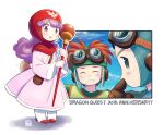  1girl 2boys blush closed_mouth curly_hair dragon_quest dragon_quest_ii dress full_body goggles goggles_on_head goggles_on_headwear hat hood long_hair long_sleeves looking_at_viewer mawaru_(mawaru) multiple_boys open_mouth prince_of_lorasia prince_of_samantoria princess_of_moonbrook purple_hair robe smile spiky_hair staff white_robe 