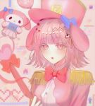  1girl :o blue_bow blush bow bowtie danganronpa_(series) danganronpa_2:_goodbye_despair dress_shirt galaga hair_bow hair_ornament hat highres holding holding_staff jacket kkochmeli medium_hair nanami_chiaki pink_bow pink_bowtie pink_eyes pink_headwear shirt skirt staff staff_(music) top_hat white_shirt 