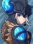  1girl blue_eyes closed_mouth expressionless from_behind fur_trim grey_background helmet highres horns kawaguti_kappa league_of_legends looking_at_viewer looking_back sejuani short_hair simple_background solo upper_body white_hair 