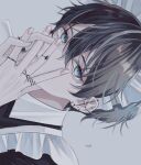  1boy black_hair blue_eyes expressionless grey_background highres jewelry looking_at_viewer maid maid_headdress male_focus mole mole_under_eye multiple_rings original own_hands_together portrait ring short_hair signature simple_background solo sosaku_25 