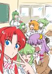  6+girls absurdres aki_minoriko alternate_hairstyle blue_eyes burijittou green_hair highres hong_meiling kagiyama_hina kazami_yuuka kochiya_sanae low_ponytail multiple_girls patchouli_knowledge ponytail purple_hair redhead school_uniform soga_no_tojiko touhou v violet_eyes 