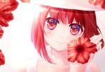  1girl arima_kana bare_shoulders bob_cut closed_mouth collarbone flower gradient_background grey_background hand_up hat head_tilt holding holding_flower looking_at_viewer open_hand oshi_no_ko portrait red_eyes red_flower redhead short_hair slacky_y smile solo twitter_username white_background white_headwear 