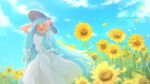  1girl alternate_costume blue_hair blue_sky blunt_bangs blush bow chipochopo324 closed_eyes clouds cloudy_sky commentary_request dress feet_out_of_frame field flower flower_field hair_bow hands_on_headwear hat highres kotonoha_aoi low_tied_sidelocks multiple_hair_bows open_mouth outdoors petals puffy_short_sleeves puffy_sleeves short_sleeves sidelocks sky smile solo standing straw_hat sundress sunflower sunflower_field voiceroid white_bow white_dress 