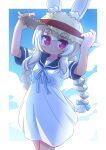  1girl animal_ear_fluff animal_ears arms_up blue_sailor_collar blue_sky braid brown_headwear closed_mouth clouds commentary_request day dress ears_through_headwear hands_on_headwear hat heart heart-shaped_pupils highres long_hair low_twintails masurao_(sekaiju) masurao_2_(sekaiju) naga_u rabbit_ears sailor_collar sailor_dress sekaiju_no_meikyuu sekaiju_no_meikyuu_5 short_eyebrows short_sleeves sky smile solo straw_hat symbol-shaped_pupils thick_eyebrows twin_braids twintails very_long_hair violet_eyes white_dress white_hair 