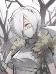  1girl animal_ears arknights bare_tree blue_eyes fingerless_gloves fur_trim gloves hair_over_one_eye hand_up highres jacket looking_at_viewer mask mouth_mask official_alternate_costume shirayuki_(arknights) shirayuki_(wind_of_breaking_blade)_(arknights) short_hair short_sleeves solo tree upper_body weasel_ears white_background white_gloves white_hair white_jacket white_mask xianyudepapi 