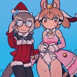  2girls animal_ears blue_background blush brown_eyes brown_hair dress elbow_gloves extra_ears glasses gloves grey_hair hair_ornament hat highres inada_roku kemono_friends large-spotted_genet_(kemono_friends) long_hair looking_at_viewer meerkat_(kemono_friends) multiple_girls santa_costume santa_hat short_hair simple_background tail 
