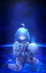  1girl ahoge astronaut blue_hair closed_mouth commentary_request griseo headwear_removed helmet helmet_removed highres holding holding_helmet honkai_(series) honkai_impact_3rd korean_commentary kyaong long_hair looking_at_viewer shallow_water smile solo space space_helmet spacesuit star_(sky) very_long_hair violet_eyes water white_headwear 