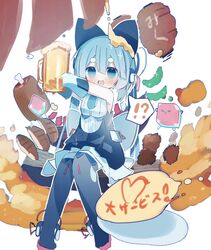  !? &gt;_&lt; 1girl 39_music_(vocaloid) alcohol bare_shoulders beer_mug black_bow black_dress black_footwear blue_eyes blue_hair blue_necktie blush boned_meat boots bow cable character_name creature cube cup dress foam food food_writing gloves hair_bow hatsune_miku headphones heart highres hikimayu holding holding_cup ketchup knee_boots knees_together_feet_apart lantern looking_at_viewer lyrics magical_mirai_(vocaloid) magical_mirai_miku magical_mirai_miku_(2016) meat mug necktie omelet omurice open_mouth outstretched_arms paper_lantern shirt short_necktie sleeveless sleeveless_dress smile solo speech_bubble spoken_interrobang syare_0603 translated vocaloid white_background white_gloves white_shirt 